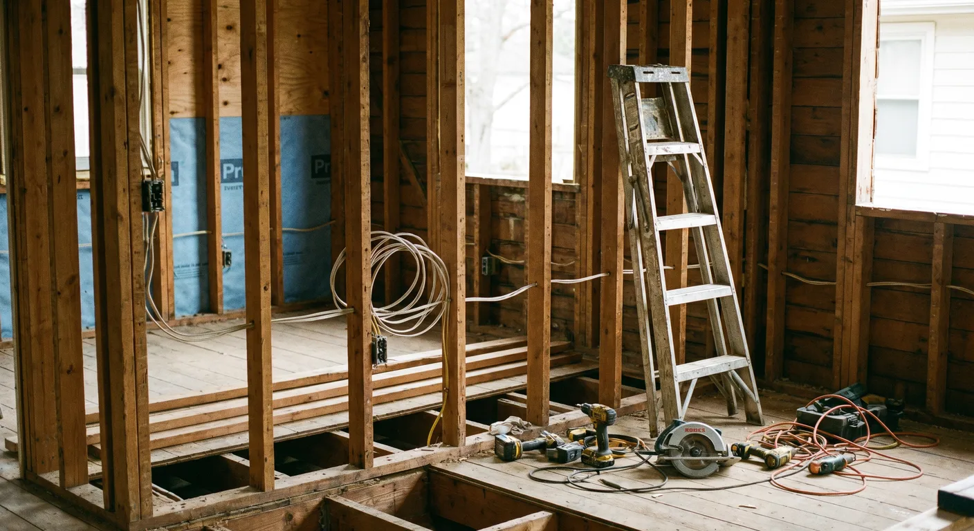 Greensboro NC home mid-reconstruction showing new framing and structural rebuild in progress
