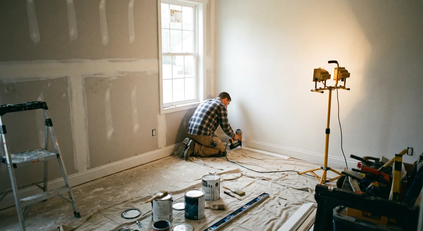 Living room fully rebuilt after fire damage in Greensboro NC showing new drywall and finish work