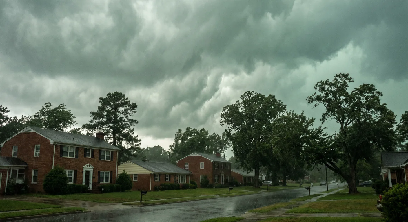 Severe thunderstorm approaching Greensboro NC with dark clouds over residential neighborhoods