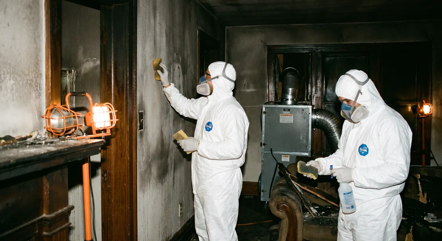 Restoration team performing soot cleanup with HEPA equipment in a Greensboro NC home