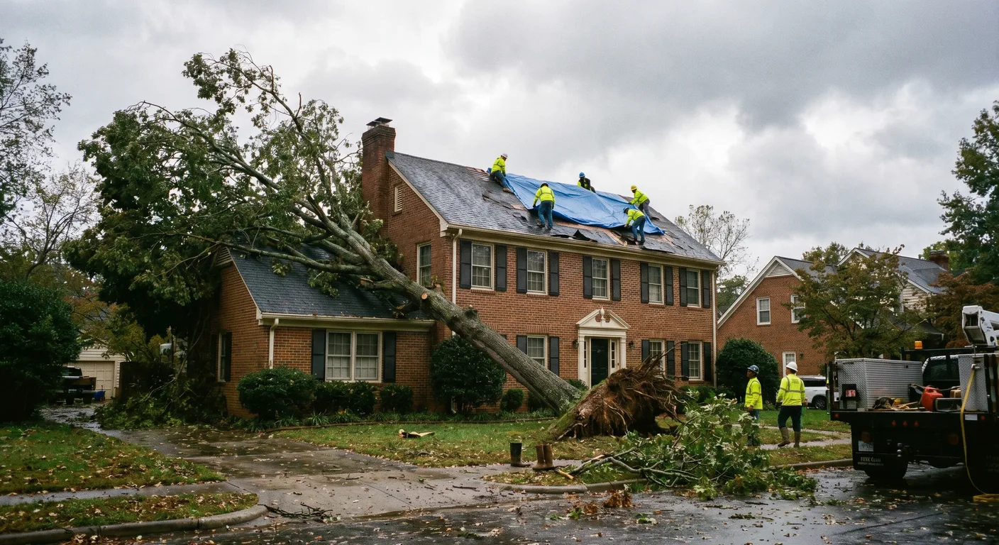 Storm-damaged brick home in Greensboro NC with fallen tree and Palm Build crew tarping the roof after a severe Piedmont Triad weather event
