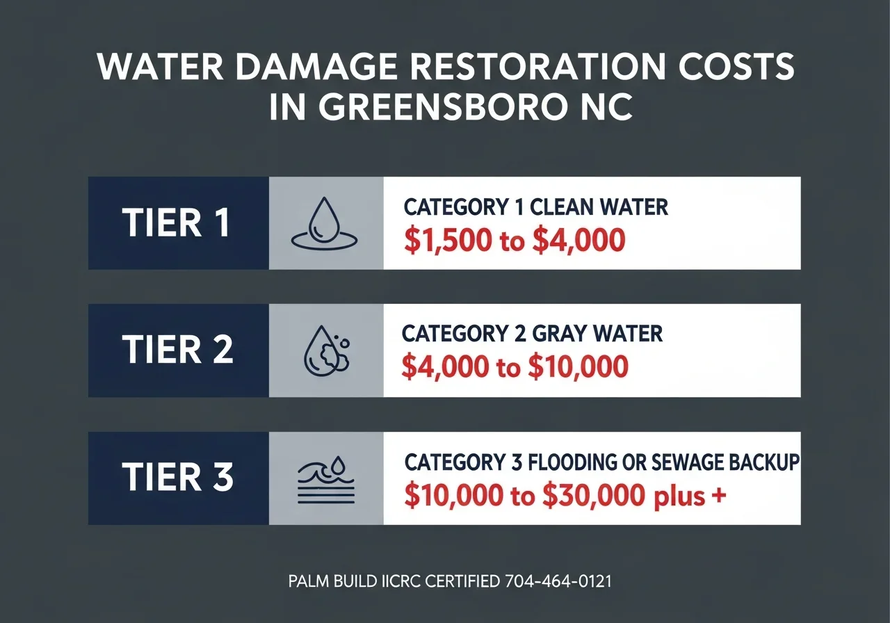 Water damage restoration cost infographic for Greensboro NC showing Category 1, 2, and 3 price ranges