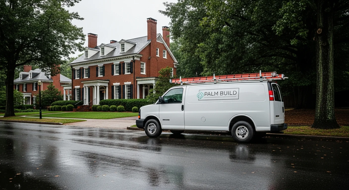 Palm Build restoration van parked in front of a brick Colonial Revival home in a Greensboro North Carolina neighborhood with overcast sky and wet pavement