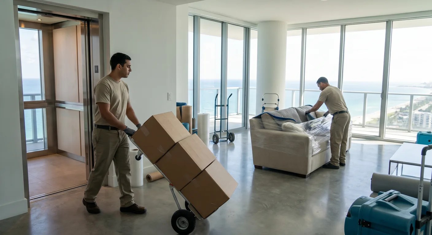 Palm Build contents restoration technicians wheeling packed boxes toward an elevator in a Hallandale Beach Florida oceanfront high-rise condo tower, vertical pack-out in progress after water damage