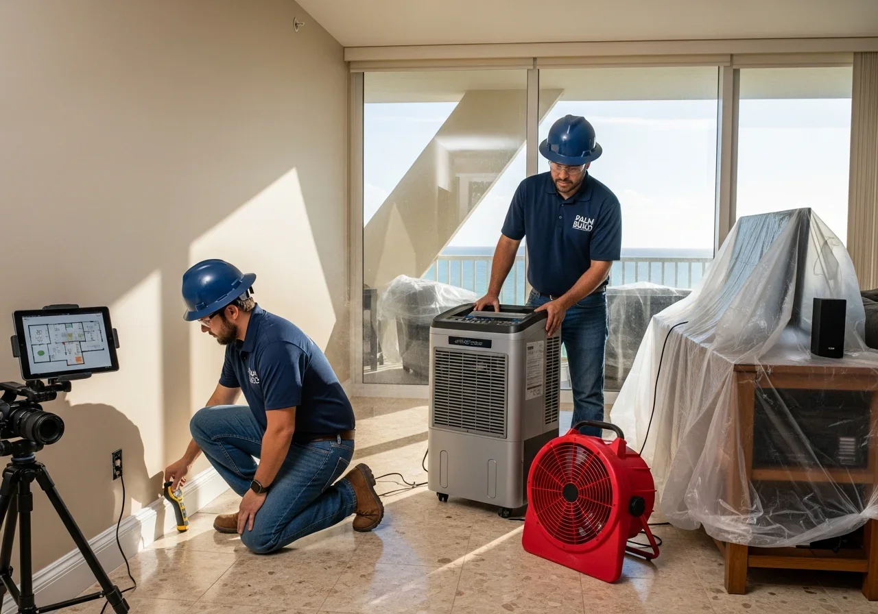 Industrial drying equipment deployed across multiple rooms in a Hallandale Beach high-rise condo during large loss restoration