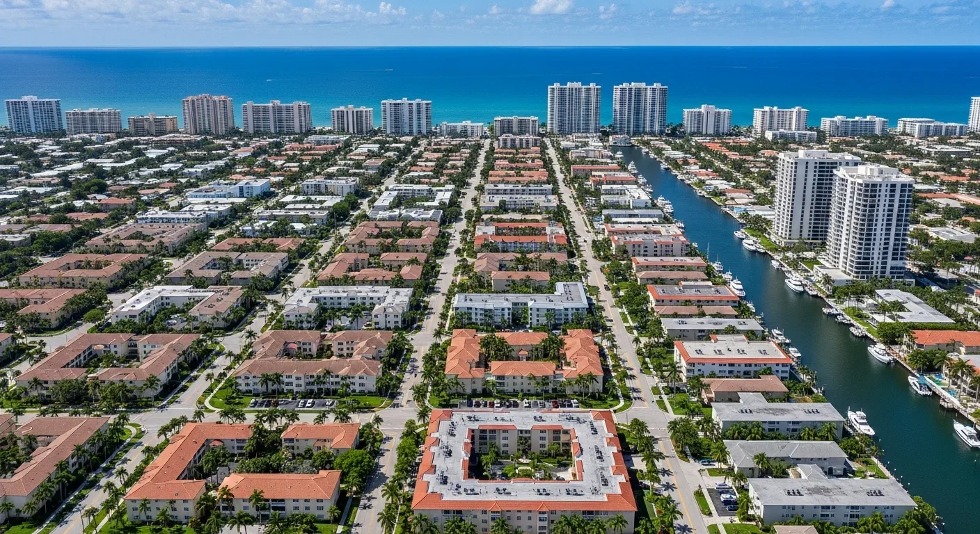 Aerial view of Hallandale Beach FL showing coastline, Intracoastal Waterway, and dense condo towers creating multiple hurricane storm-surge pathways