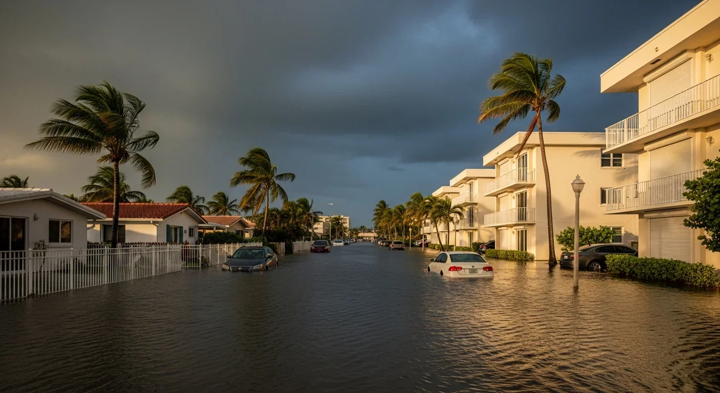 Tidal street flooding in Hallandale Beach FL showing saltwater backed up through storm drains onto residential streets near the Intracoastal Waterway
