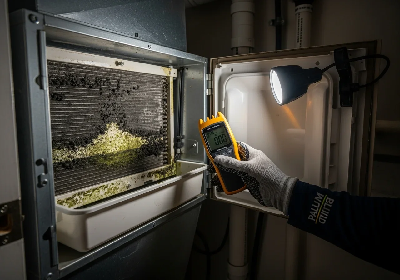 Palm Build technician inspecting HVAC air handler for mold growth in a Hallandale Beach Florida condominium — evaporator coil and drip pan inspection