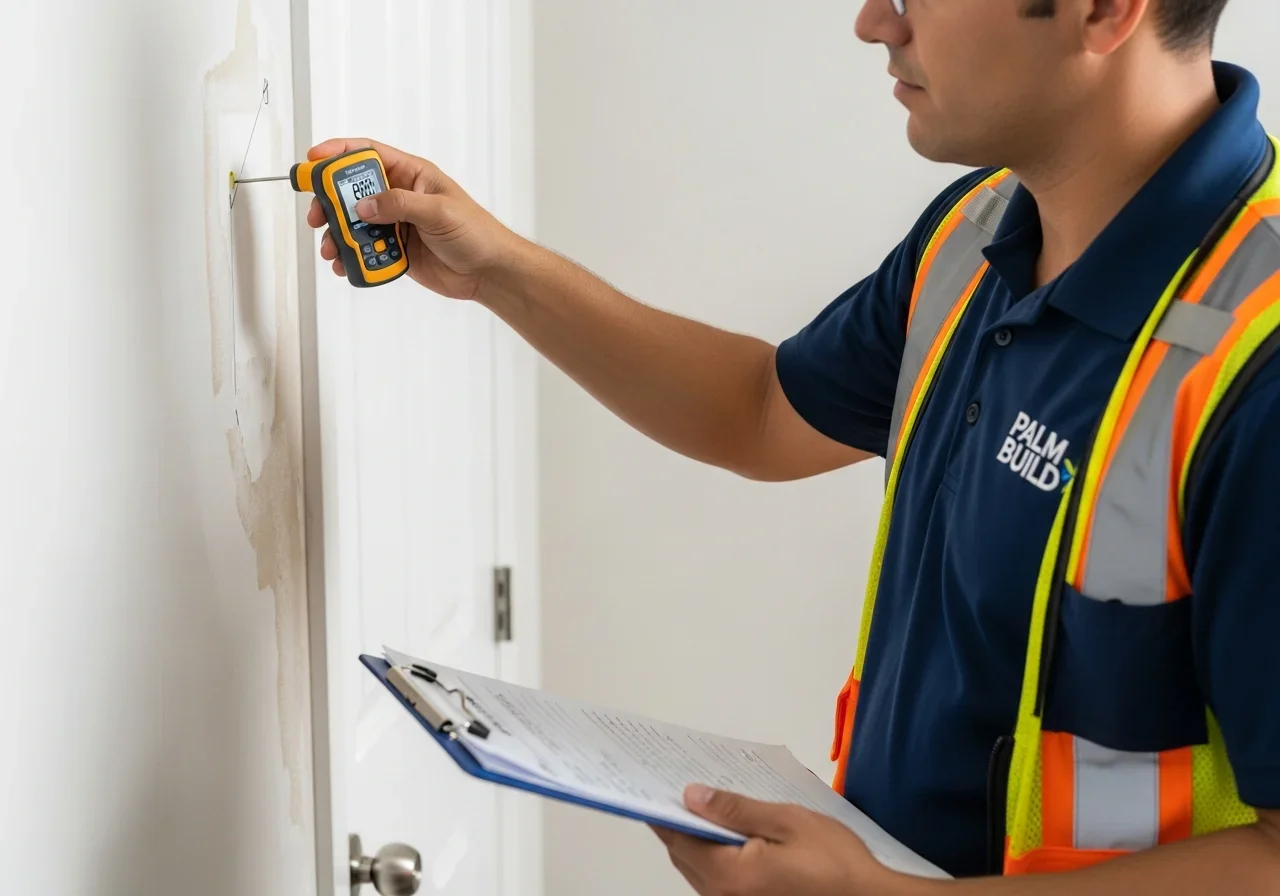 Palm Build technician conducting moisture mapping and comprehensive documentation at a Hallandale Beach property