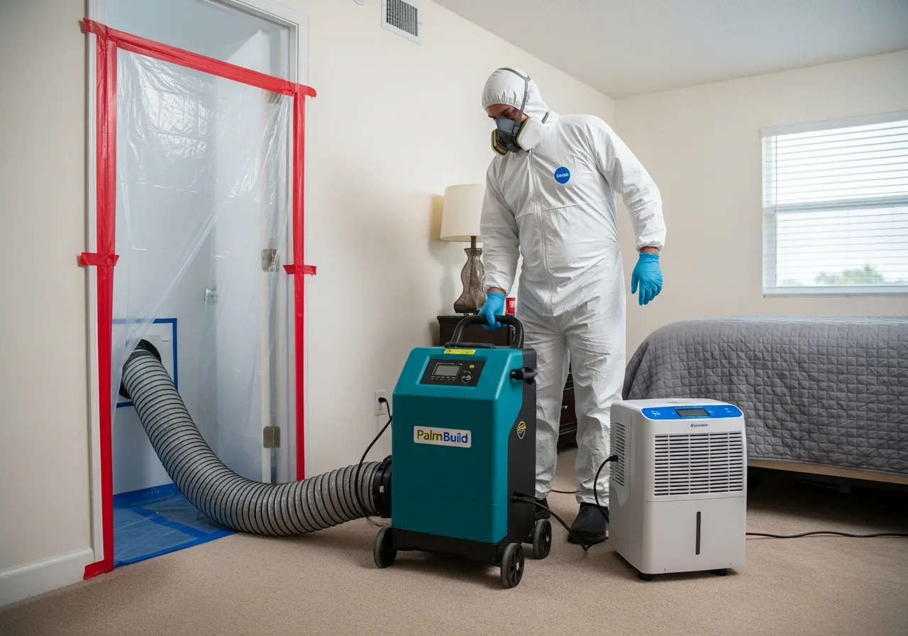 Palm Build mold remediation containment setup in a Hallandale Beach Florida condominium — plastic sheeting barriers, HEPA air scrubber, and negative air machine