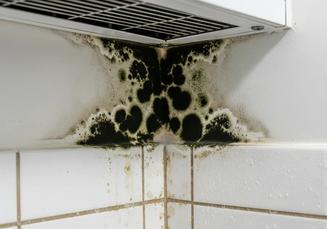 Before mold remediation in a Hallandale Beach Florida condominium bathroom — black mold growth on drywall corner and baseboard from HVAC condensate overflow