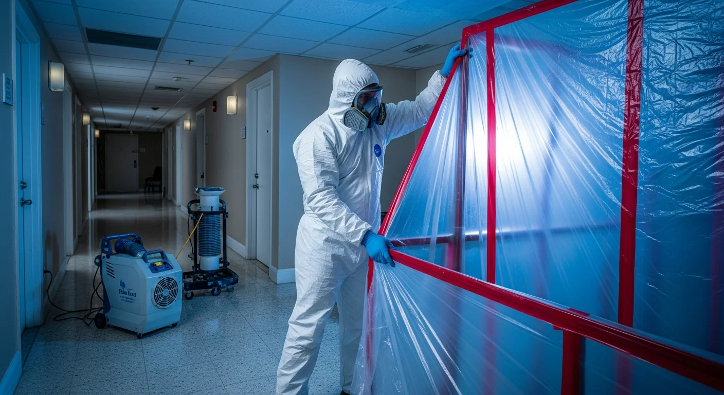 DBPR-licensed Palm Build mold remediation technician in white Tyvek suit setting up containment barriers in a Hallandale Beach Florida condominium hallway