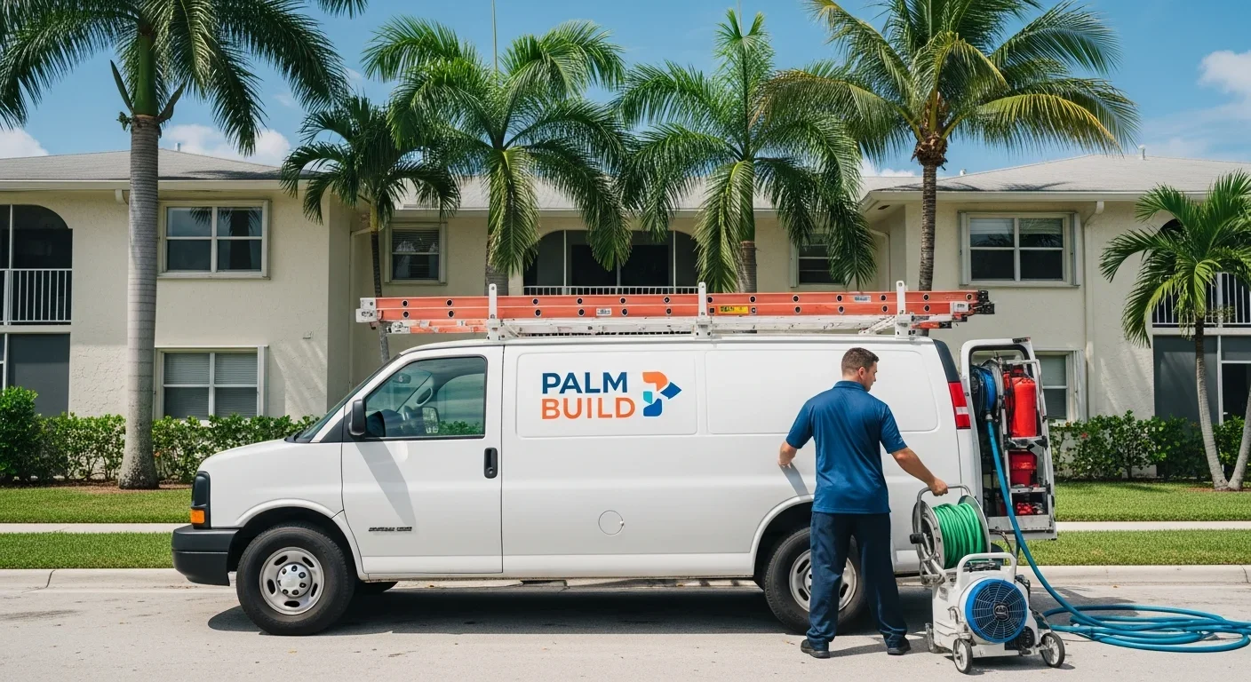 Palm Build work truck on a Hallandale Beach Florida residential street — South Florida restoration team