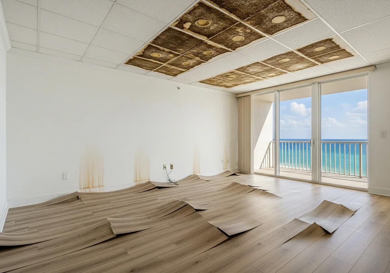 Water damage documentation showing extent of CBS stucco wall damage in a Hallandale Beach FL condo unit requiring insurance claim