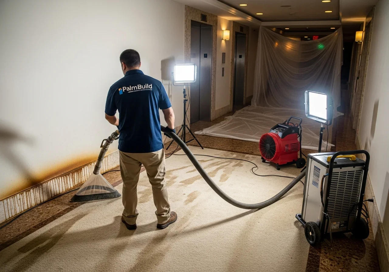 Palm Build technician performing emergency water extraction inside a Hallandale Beach oceanfront condo unit