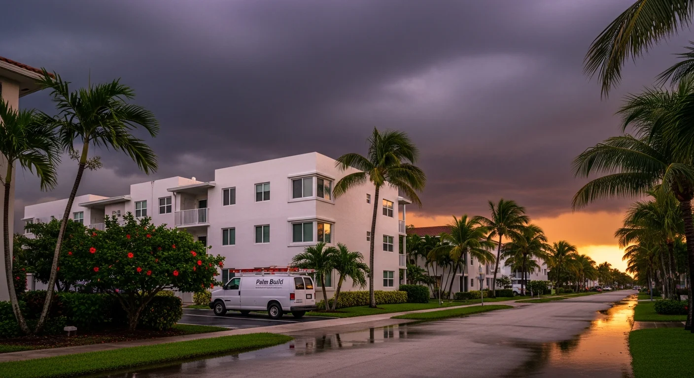 Palm Build restoration van on a Hallandale Beach Florida residential street with standing water after heavy rainfall, CBS stucco homes and high-rise condos visible, South Florida storm sky