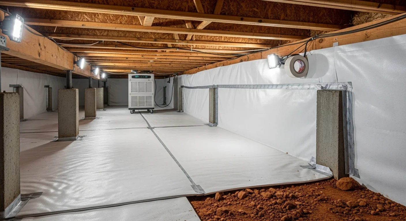 Completed crawl space encapsulation in Harrisburg NC with sealed vapor barrier and commercial dehumidifier installed after mold remediation