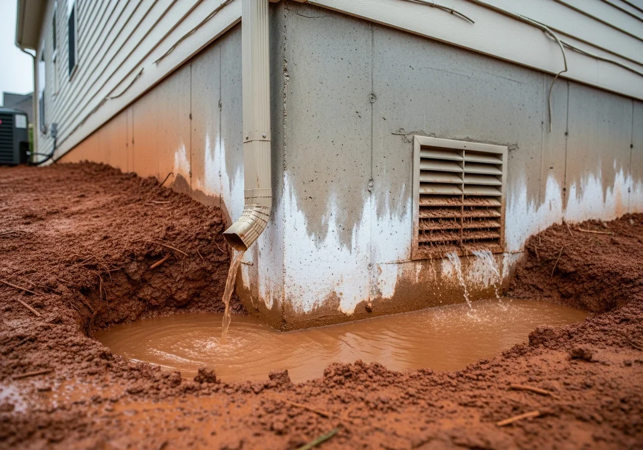 Foundation drainage issues in a Harrisburg NC home showing water pooling against foundation walls from poorly draining Piedmont clay soil