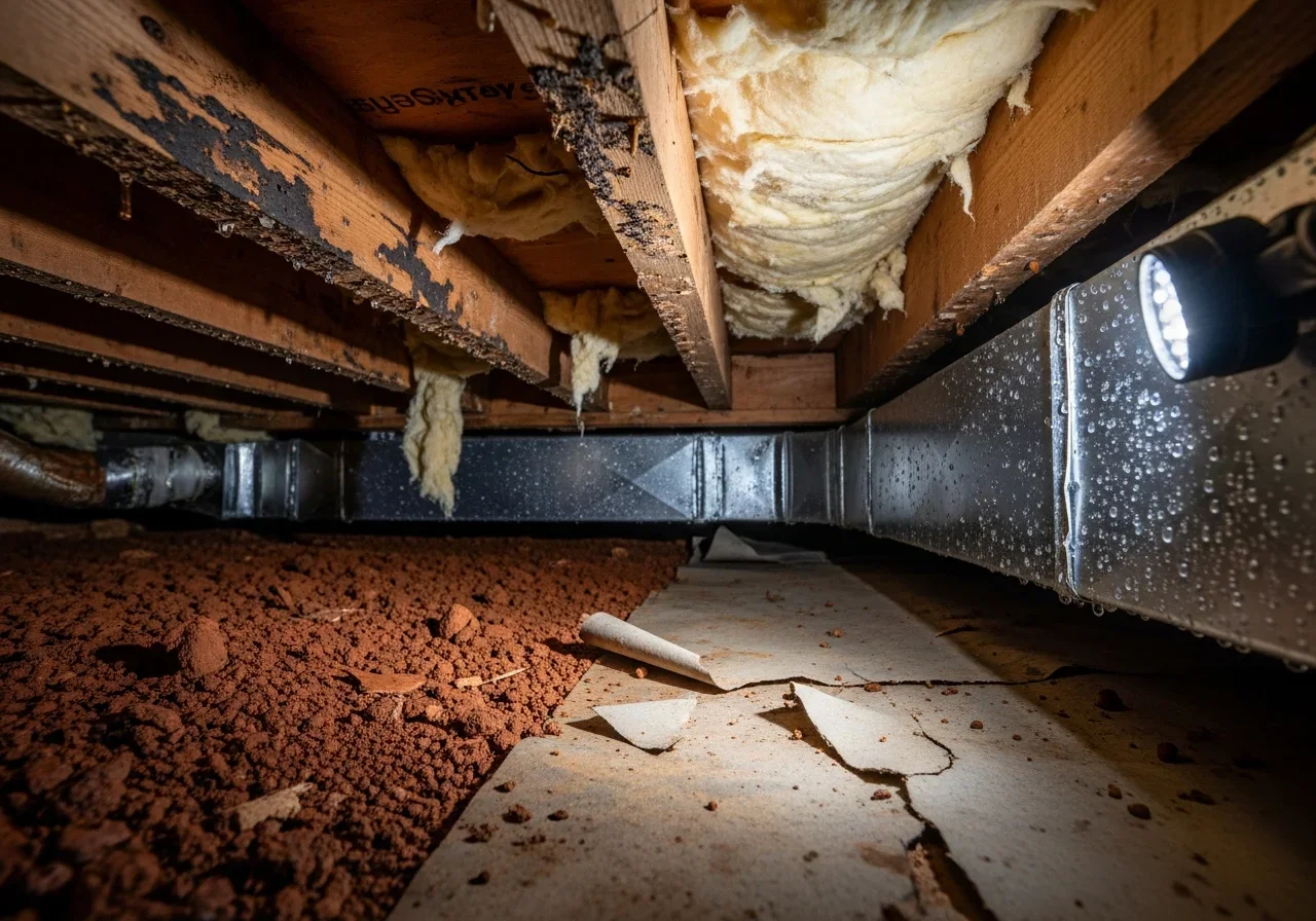 Moisture damage and mold growth in a Harrisburg NC crawl space showing condensation on floor joists from Piedmont humidity