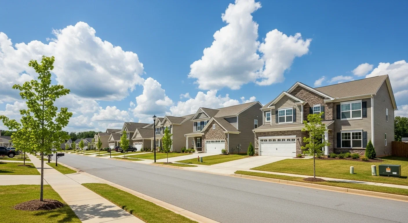 Newer suburban subdivision street in Harrisburg NC with 2010s-era two-story homes, HOA landscaping, sidewalks, and clean wide streets