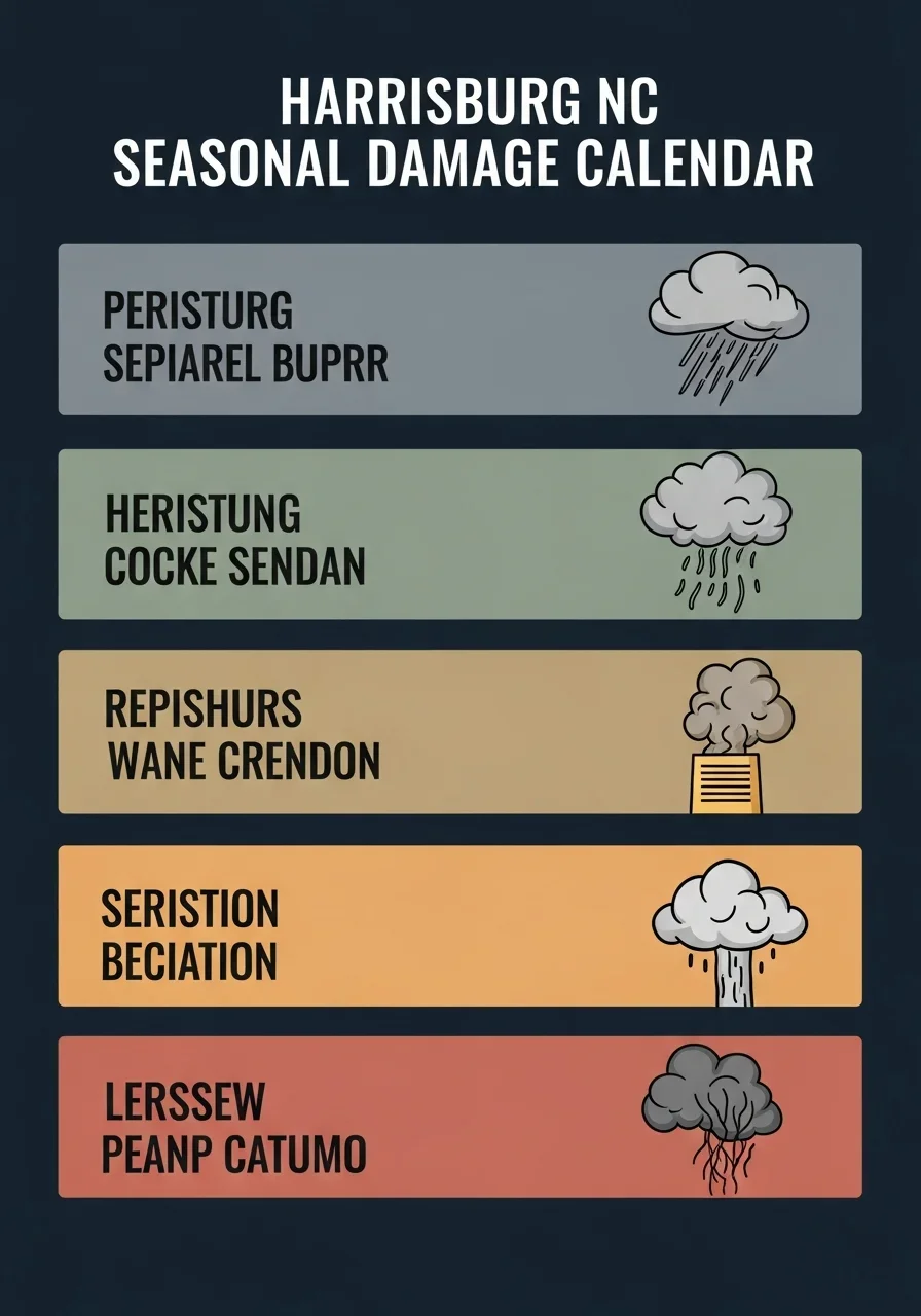 Infographic showing Harrisburg NC seasonal water damage calendar with monthly rainfall and risk types