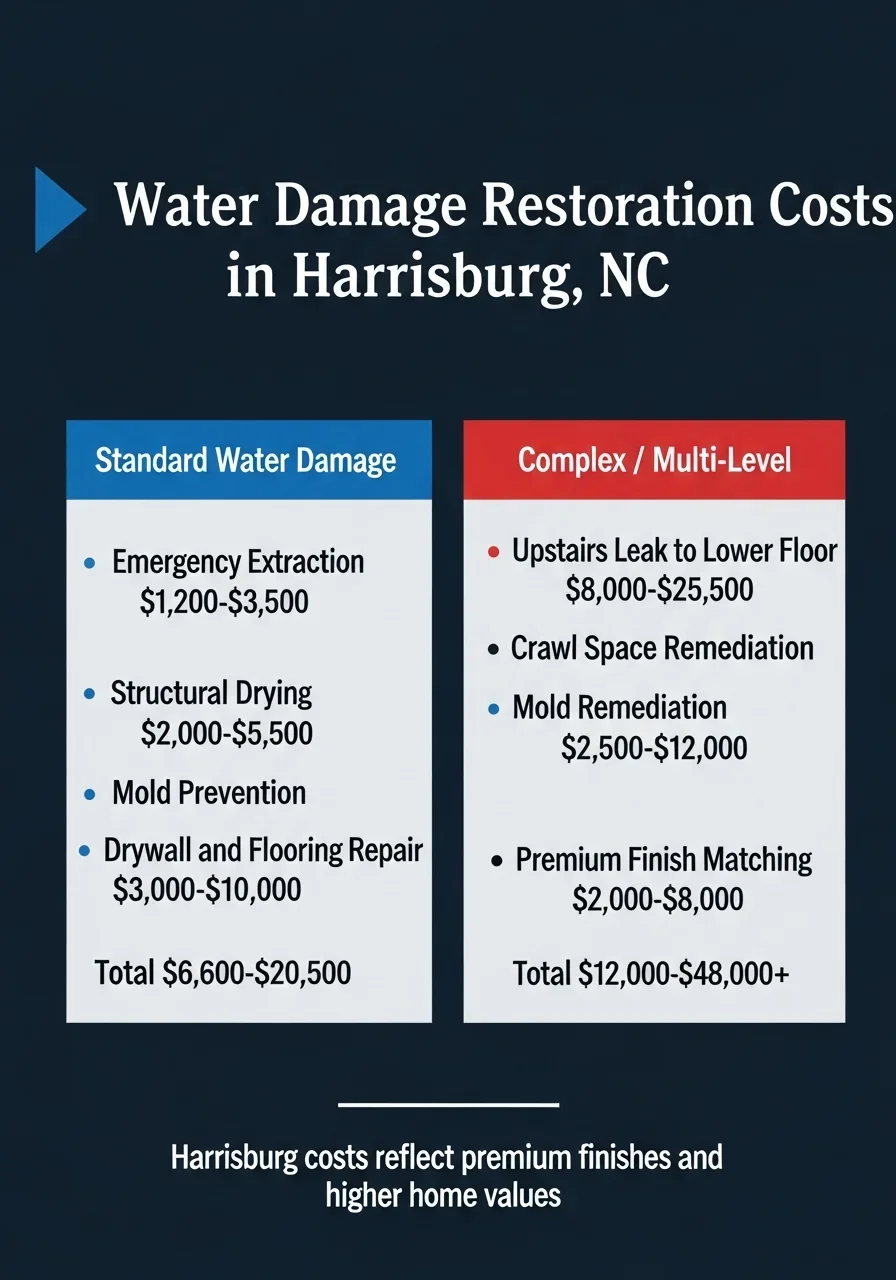 Infographic showing water damage restoration cost ranges in Harrisburg NC for standard and complex multi-level projects