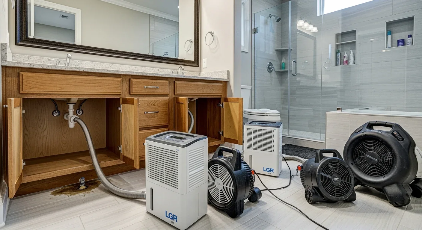Commercial dehumidifiers and air movers in an upscale Harrisburg NC bathroom during water damage drying
