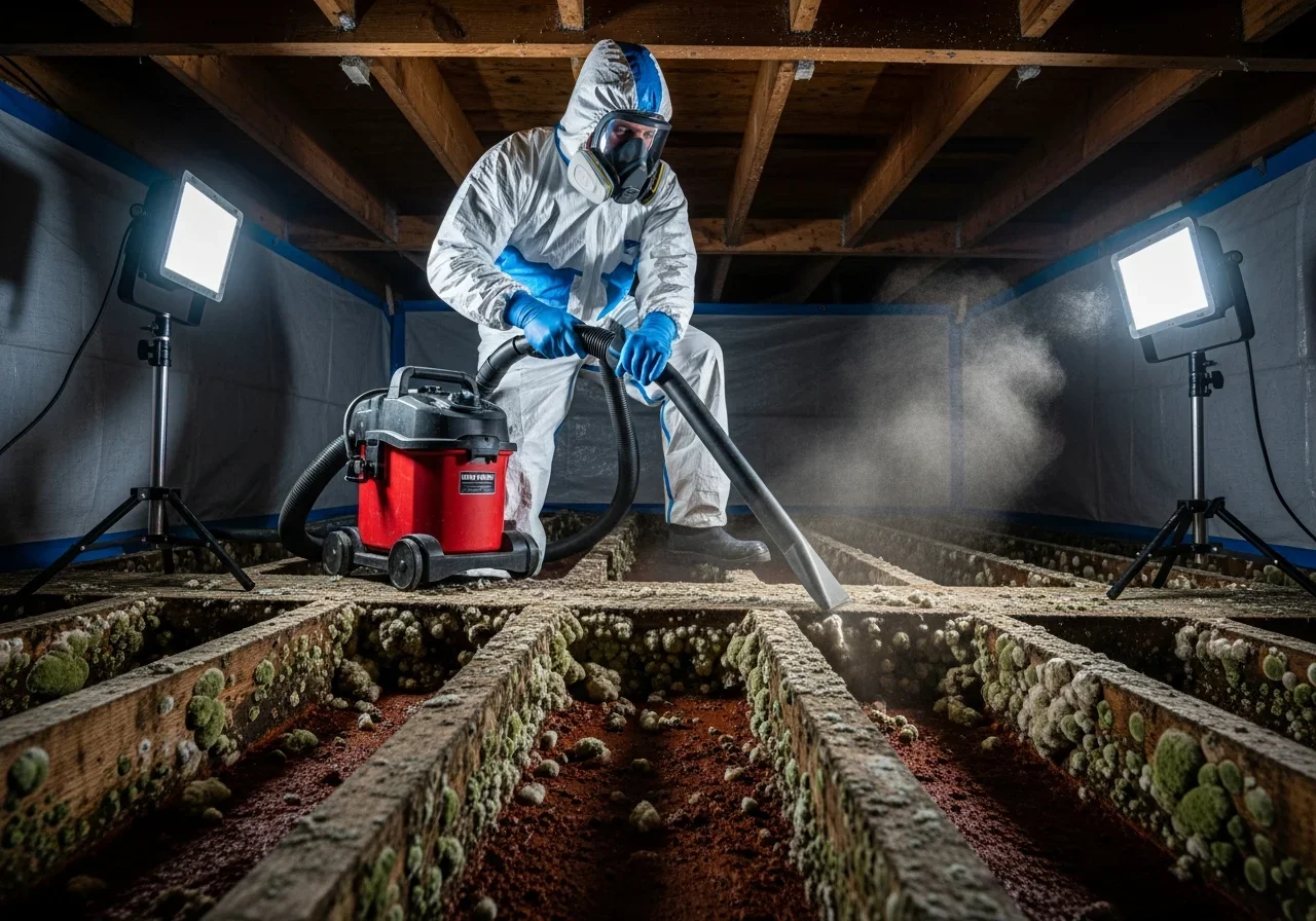 Palm Build technician performing HEPA mold removal in a Harrisburg NC home with professional containment and air filtration equipment