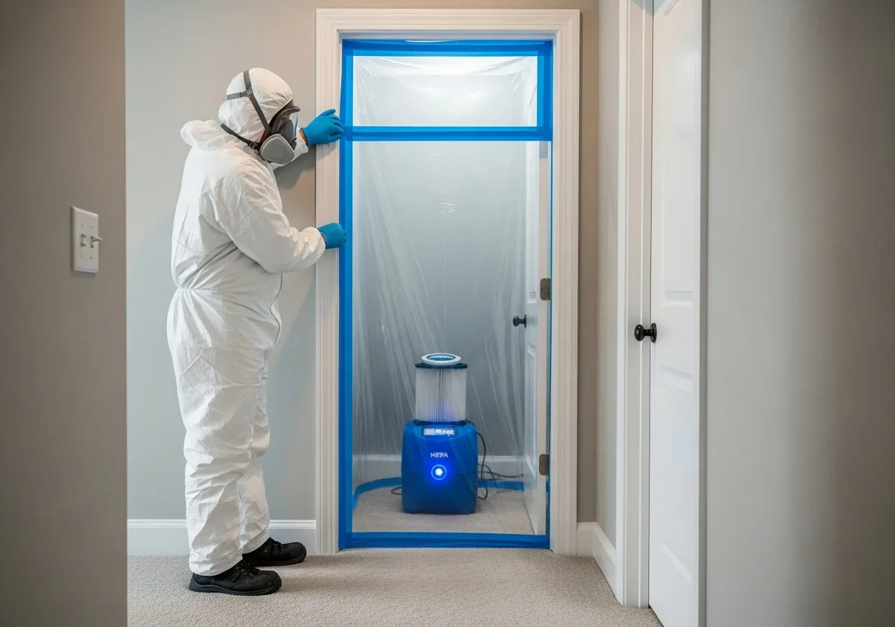 Palm Build technician setting up mold remediation containment in a Harrisburg NC home with polyethylene sheeting and negative air machine