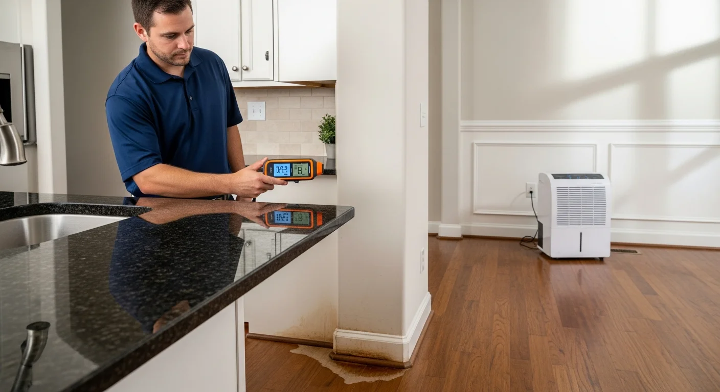 Palm Build technician using moisture meter on interior wall of modern Harrisburg NC suburban home during mold assessment