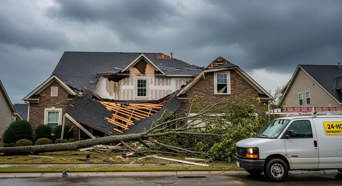 Storm damage on a two-story Harrisburg NC home with roof shingle loss and restoration van arriving