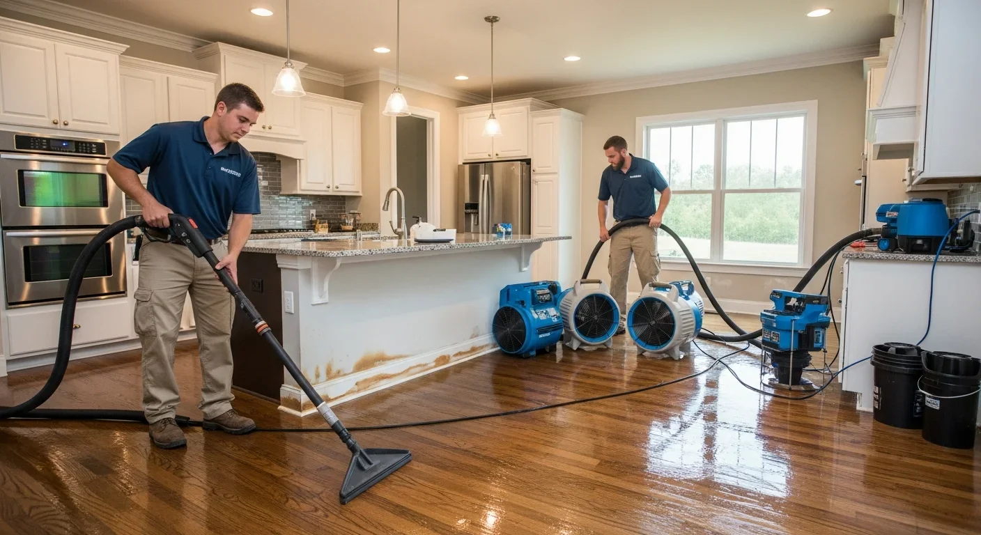 Palm Build technicians performing water extraction from engineered hardwood in an upscale Harrisburg NC home
