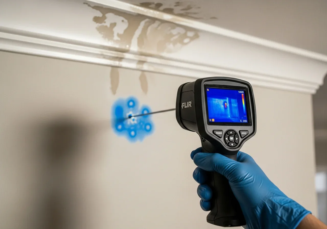 Thermal imaging detecting hidden moisture behind walls in a Harrisburg NC home