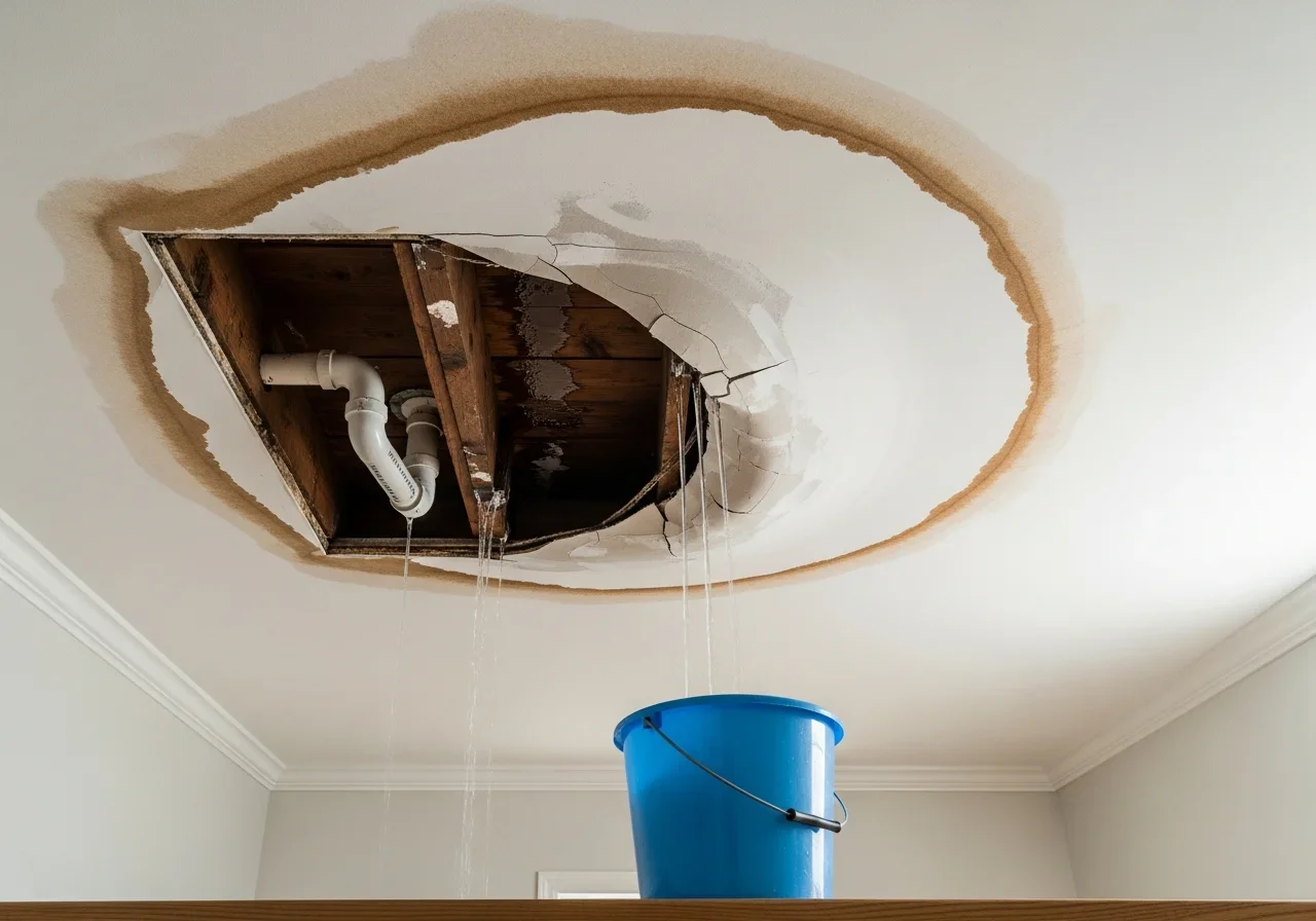 Water damage from an upstairs bathroom leak showing ceiling water stain and dripping water in a modern Harrisburg NC suburban home