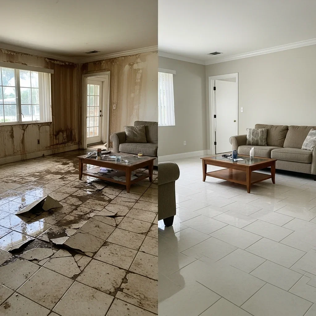 Before and after water damage restoration in a 1970s Hialeah Florida home — flooded tile floor and damaged walls restored to clean condition by Palm Build