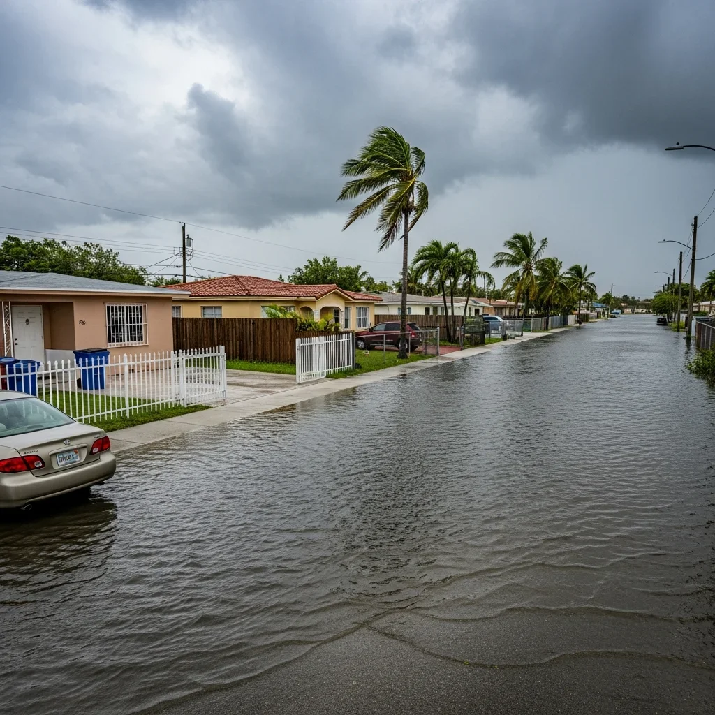 Street flooding in a Hialeah Florida neighborhood during South Florida wet season with standing water on residential streets near canals