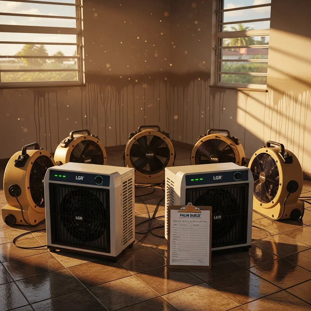 Commercial LGR dehumidifiers and air movers running in a water-damaged Hialeah Florida home during active structural drying by Palm Build restoration team