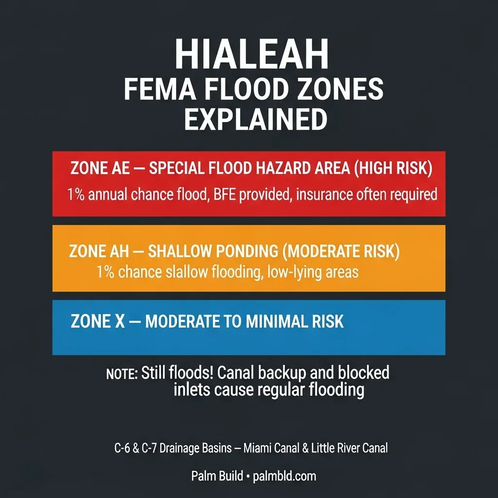 Hialeah Florida FEMA flood zone map showing Zone AE Special Flood Hazard Areas along canal corridors, Zone AH shallow ponding areas, and Zone X lower-risk areas with explanation of why Zone X still floods