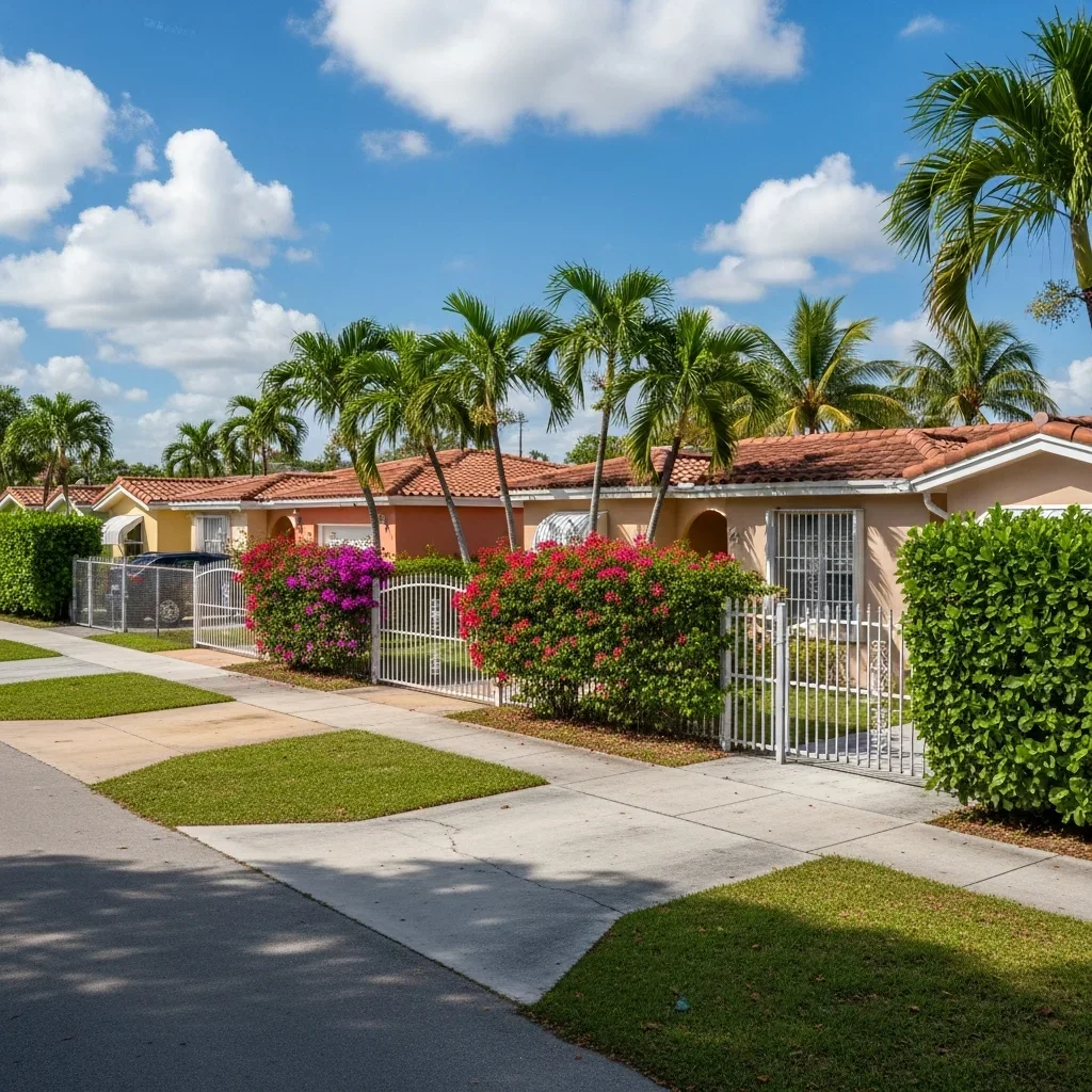 Typical Hialeah Florida residential street with single-story CBS stucco homes in pastel colors with tile roofs and tropical landscaping