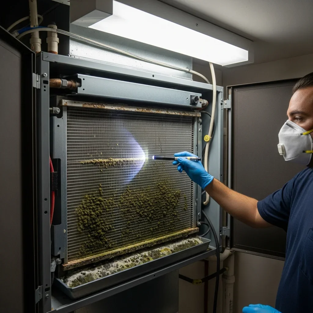 Open residential HVAC air handler showing mold growth on evaporator coil and drip pan interior — common mold source in Hialeah Florida homes and apartments