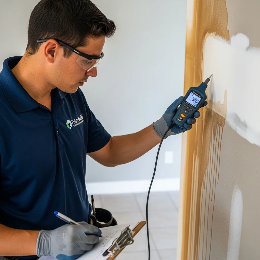 Palm Build technician using moisture meter to document water damage readings in a Hialeah Florida home for insurance documentation