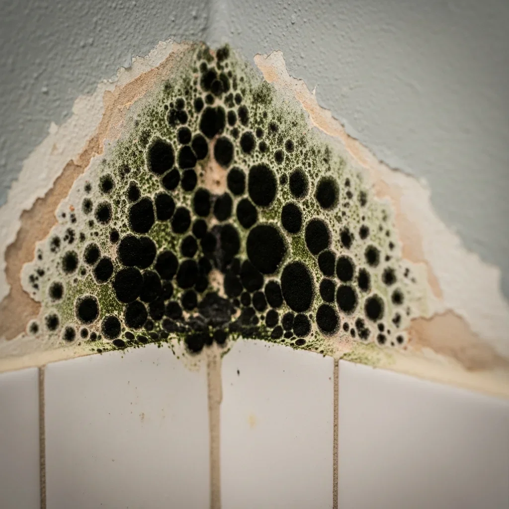 Black mold growing on painted stucco bathroom wall in a Hialeah Florida home — showing characteristic dark patches spreading from shower tile corner
