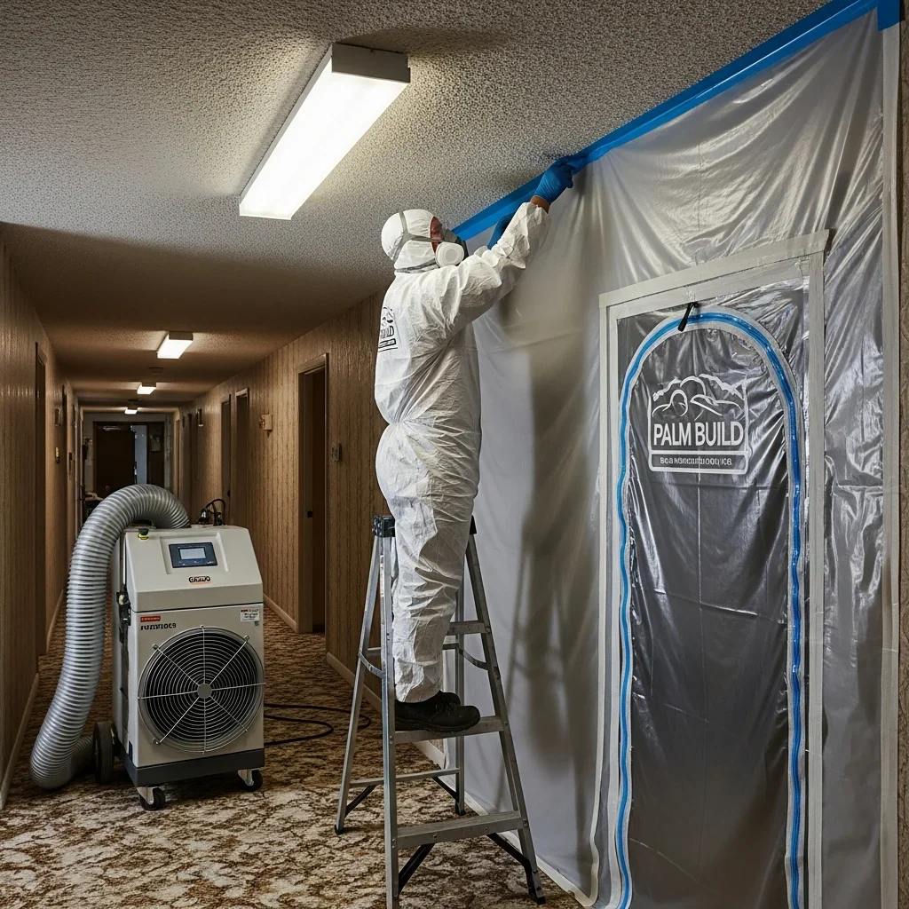 Palm Build mold remediation technician installing containment barriers with zipper door in a Hialeah Florida apartment hallway with HEPA air scrubber in background