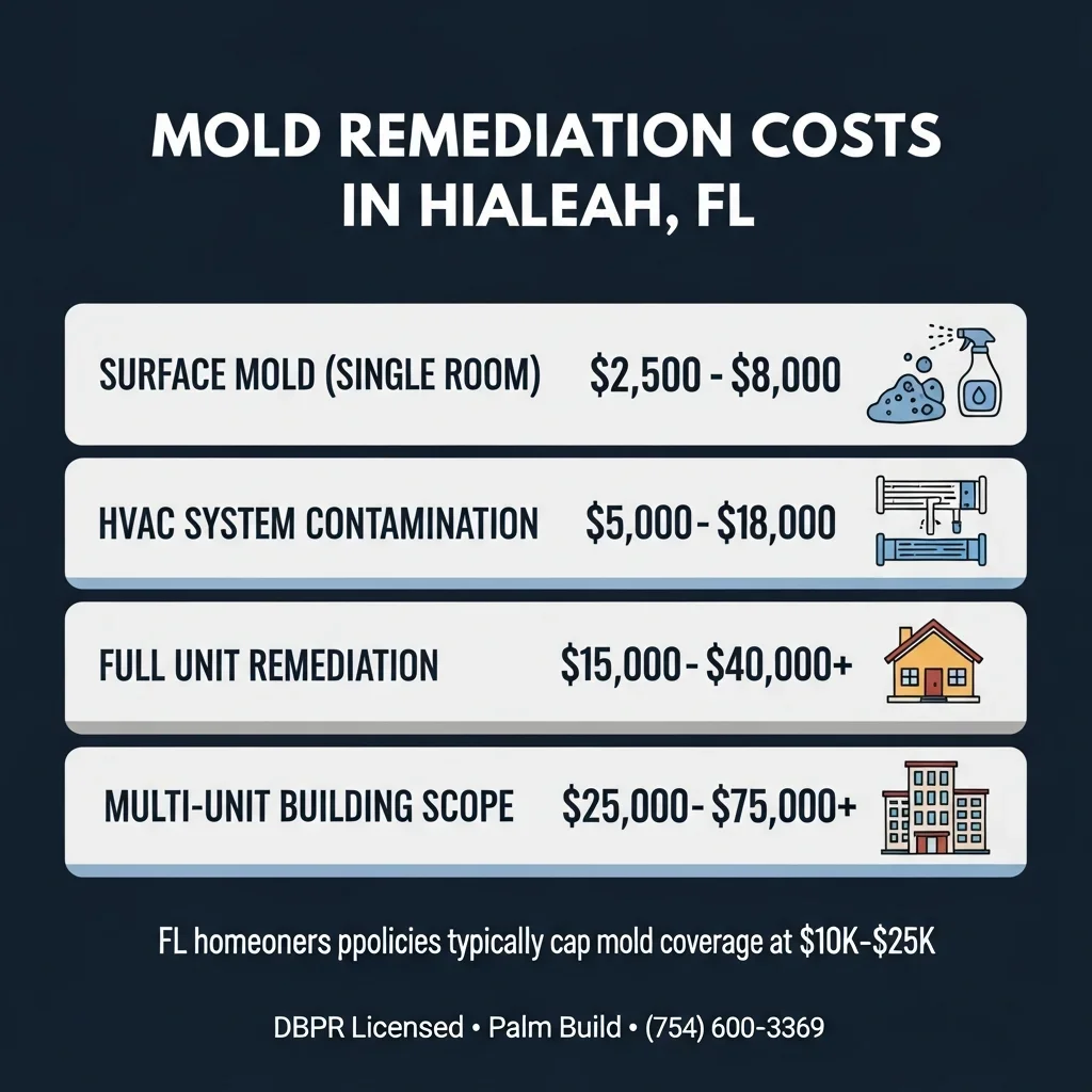 Mold remediation cost ranges in Hialeah Florida showing surface mold, HVAC mold, full unit remediation, and multi-unit building scope costs with Palm Build
