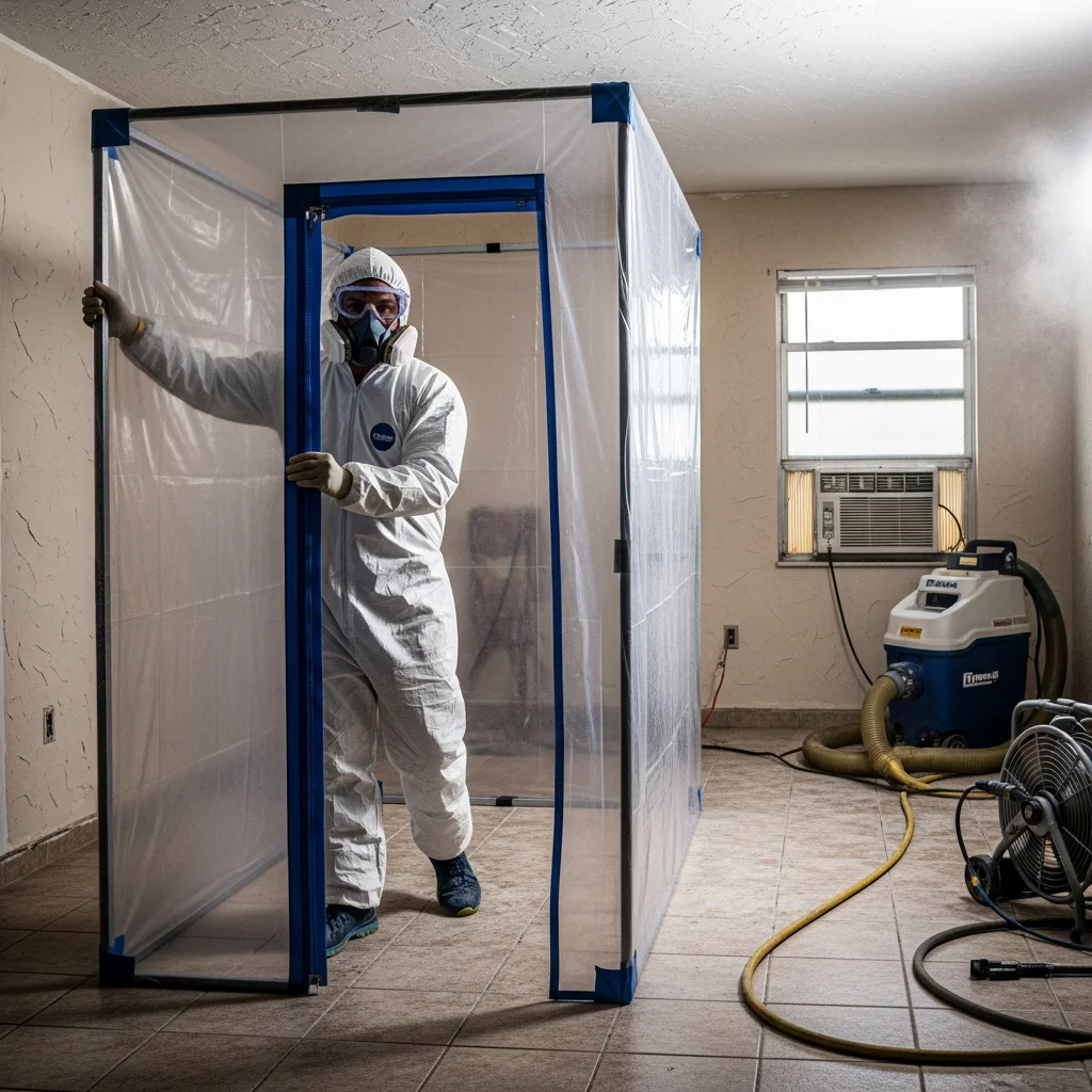 DBPR-licensed Palm Build mold remediation technician in white Tyvek suit setting up containment barriers in a water-damaged Hialeah Florida apartment