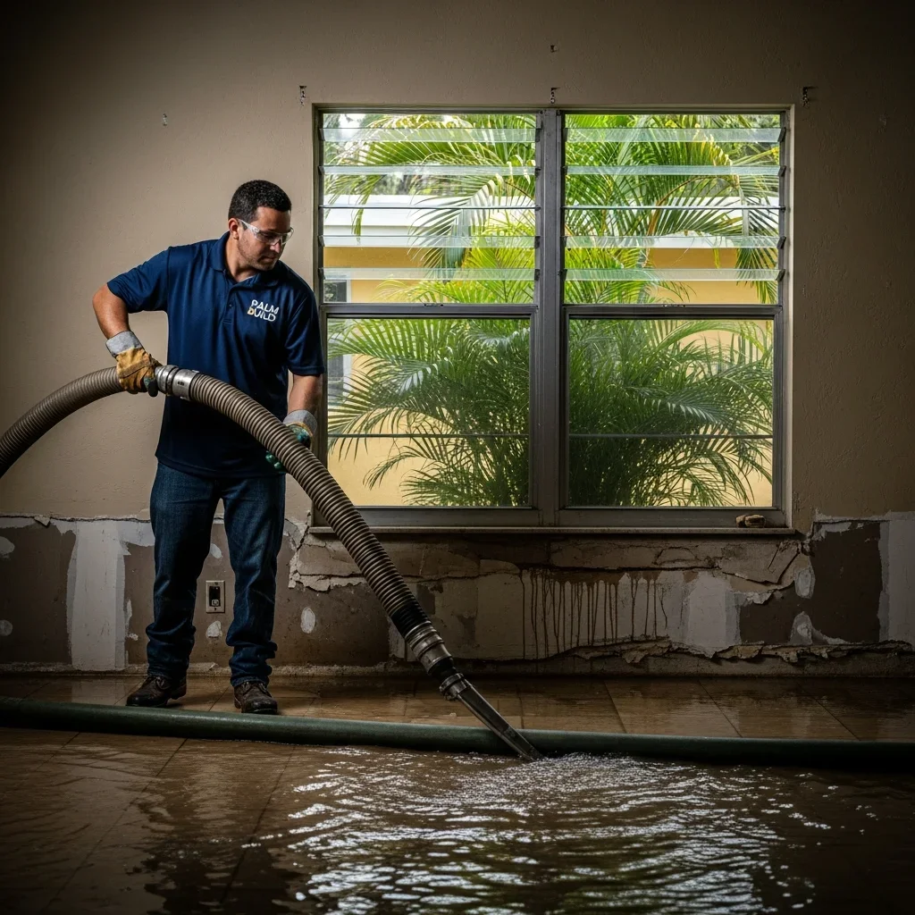 Palm Build technician using truck-mounted water extraction equipment in a water-damaged Hialeah Florida residential home