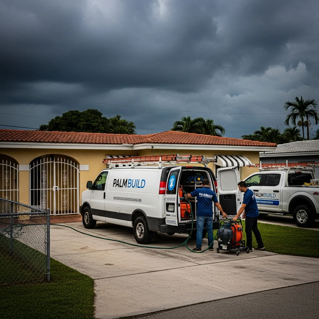 Palm Build white work van parked outside a single-story stucco CBS home in Hialeah Florida with dark South Florida storm clouds overhead and technicians unloading water extraction equipment