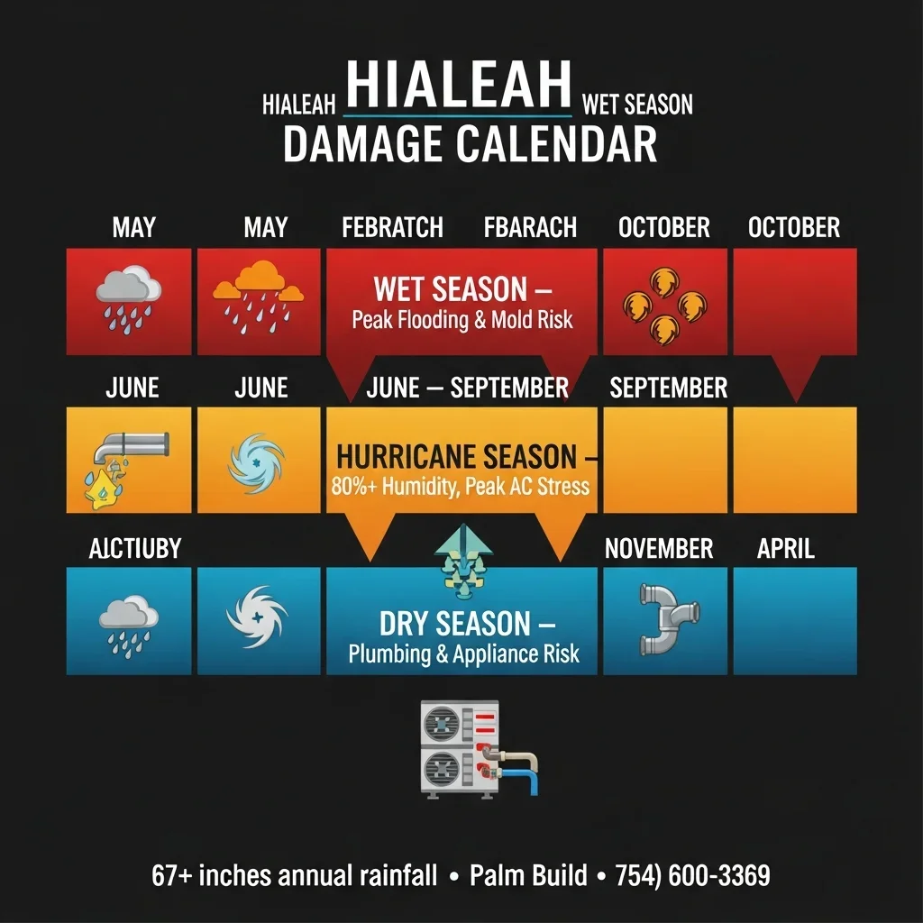 Hialeah Florida wet season damage calendar infographic showing May through October peak water damage risk and November through April dry season risk patterns