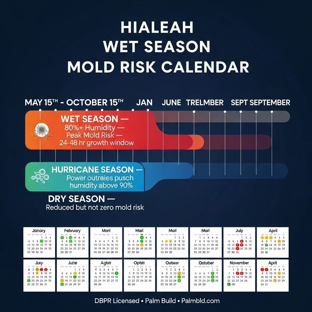 Hialeah Florida wet season mold risk calendar showing May through October peak mold growth risk with humidity levels and CDC 24-48 hour mold growth window warning