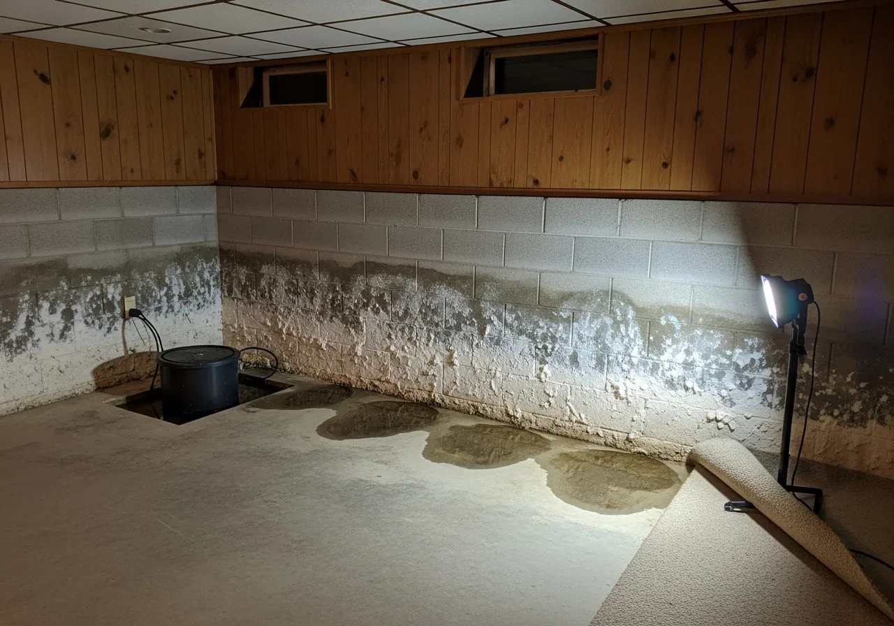 Basement water seepage in a Lake Hickory North Carolina home showing hydrostatic pressure damage requiring insurance documentation and flood zone compliance